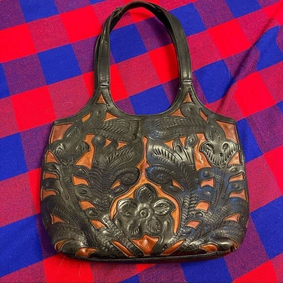 ALDO Black Brown Leather Embossed VTG Purse Handbag - Picture 1 of 14